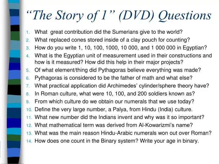 the story of 1 dvd questions
