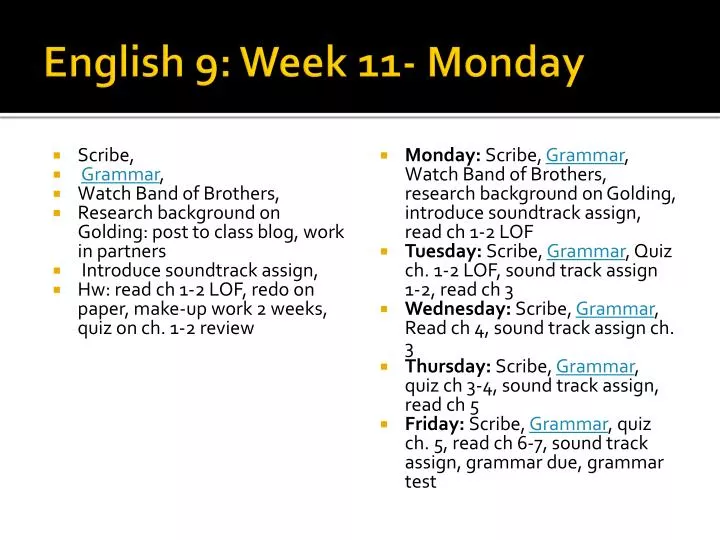 english 9 week 11 monday