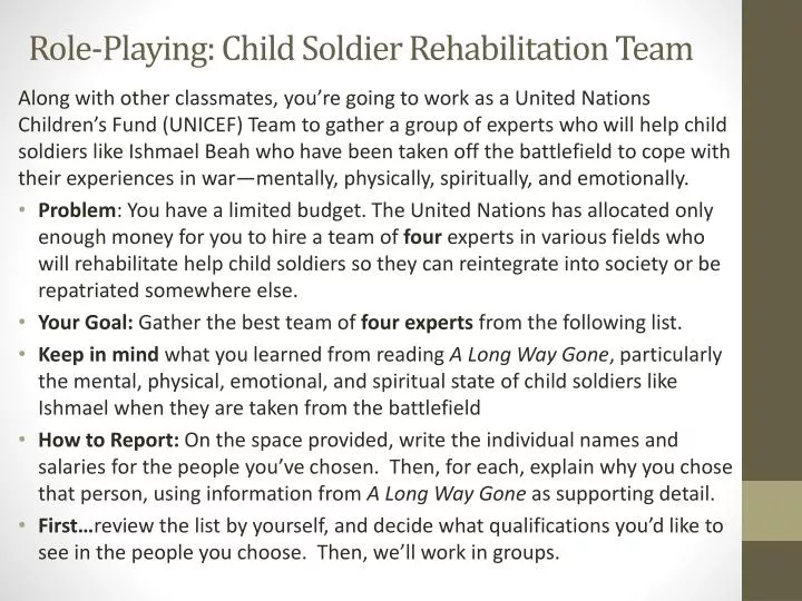 role playing child soldier rehabilitation team