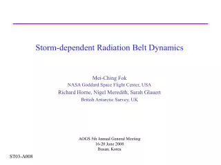 Storm-dependent Radiation Belt Dynamics Mei-Ching Fok NASA Goddard Space Flight Center, USA