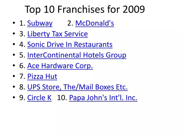 top 10 franchises for 2009