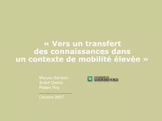 vers un transfert des connaissances dans un contexte de mobilit lev e
