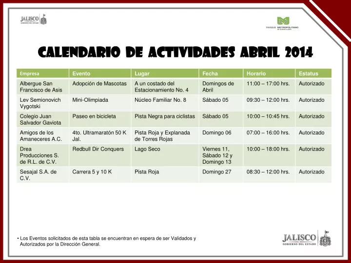 calendario de actividades abril 2014