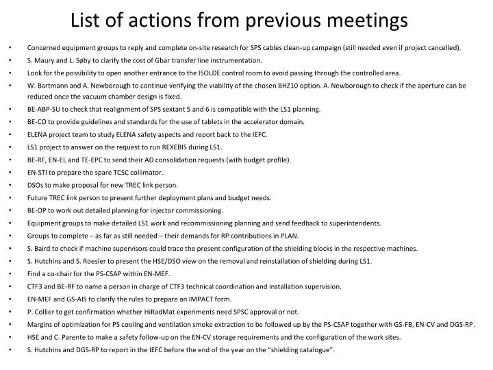 list of actions from previous meetings