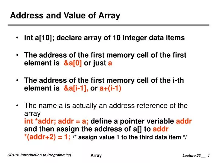 address and value of array