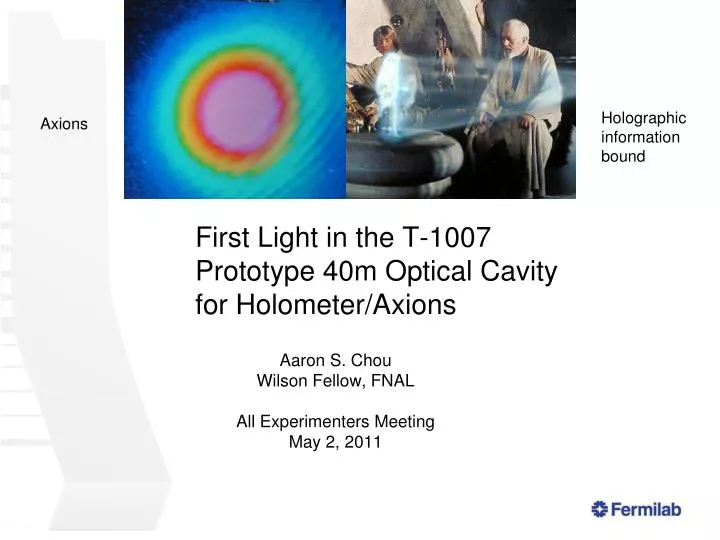 first light in the t 1007 prototype 40m optical cavity for holometer axions