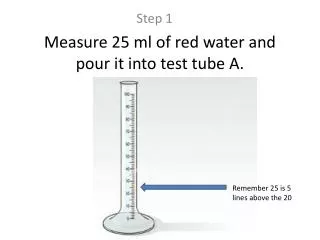 Measure 25 ml of red water and pour it into test tube A.