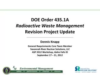 DOE Order 435.1A Radioactive Waste Management Revision Project Update