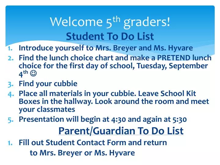 welcome 5 th graders