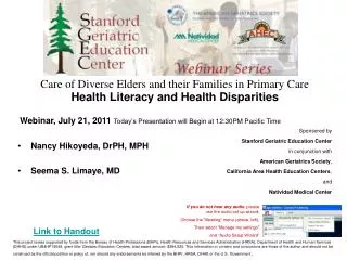 Care of Diverse Elders and their Families in Primary Care Health Literacy and Health Disparities