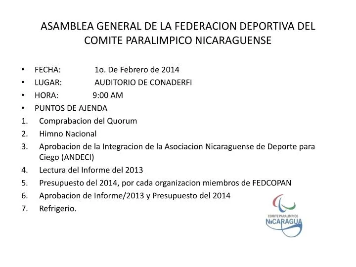 asamblea general de la federacion deportiva del comite paralimpico nicaraguense