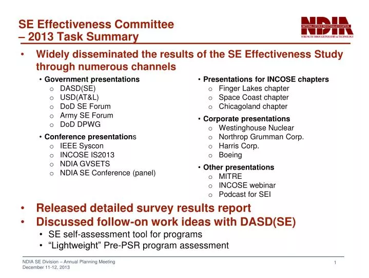se effectiveness committee 2013 task summary