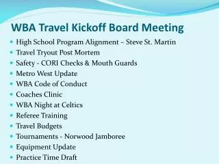 WBA Travel Kickoff Board Meeting
