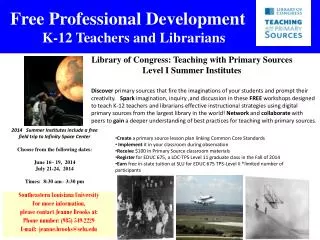 Free Professional Development K-12 Teachers and Librarians