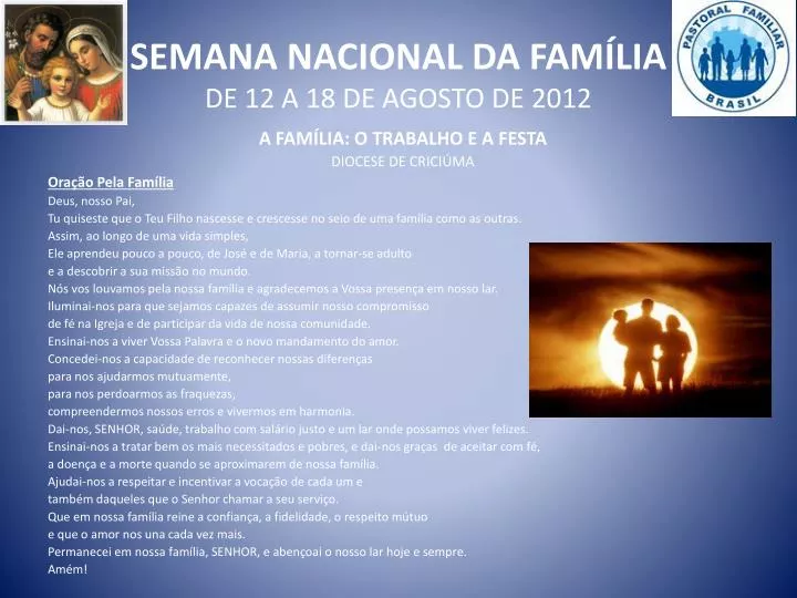 semana nacional da fam lia de 12 a 18 de agosto de 2012