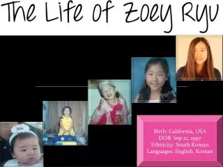 Birth: California, USA DOB: Sep 21, 1997 Ethnicity: South Korean Languages: English, Korean
