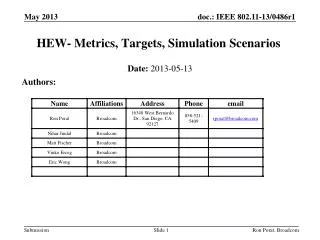 HEW- Metrics, Targets, Simulation Scenarios