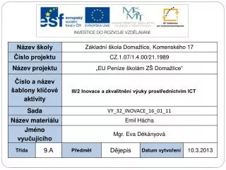 Vzdělávací oblast: Člověk a společnost Vzdělávací obor: Dějepis