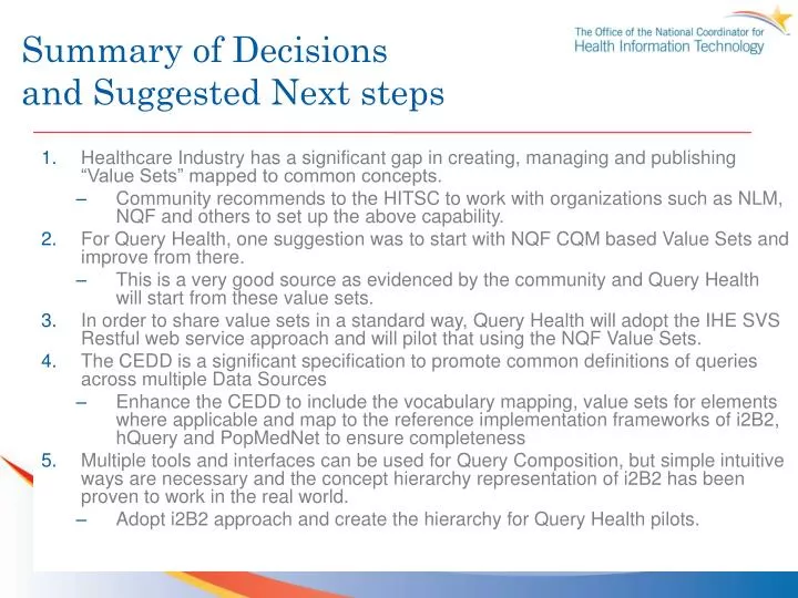 summary of decisions and suggested next steps