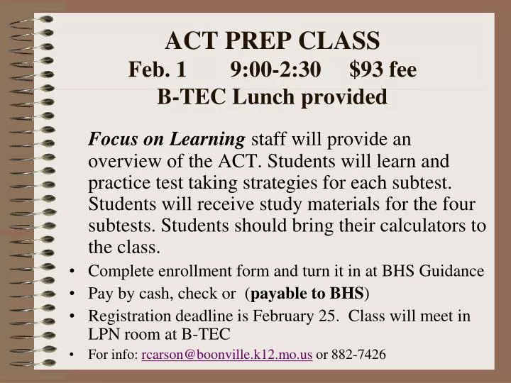 act prep class feb 1 9 00 2 30 93 fee b tec lunch provided
