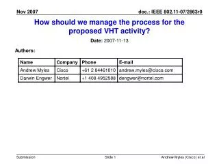 How should we manage the process for the proposed VHT activity?