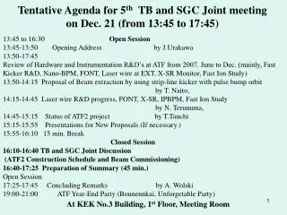 Tentative Agenda for 5 th TB and SGC Joint meeting on Dec. 21 (from 13:45 to 17:45)