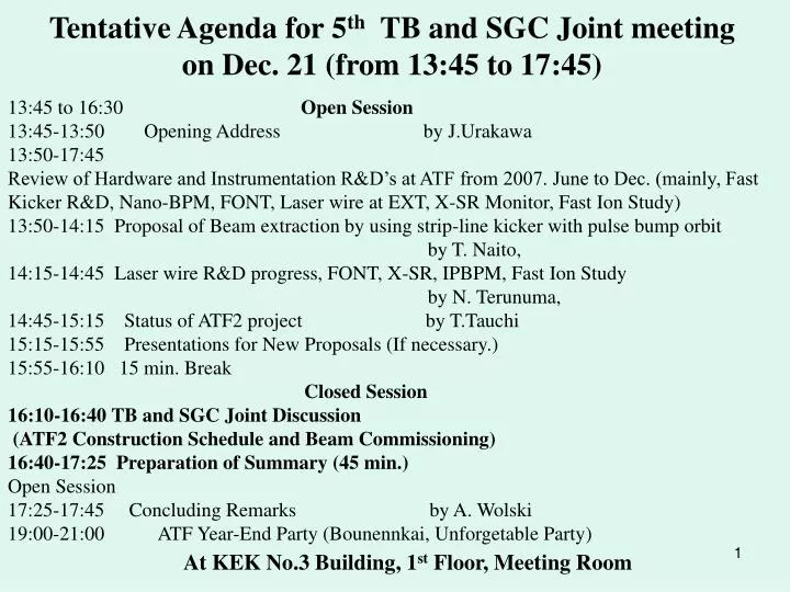 tentative agenda for 5 th tb and sgc joint meeting on dec 21 from 13 45 to 17 45