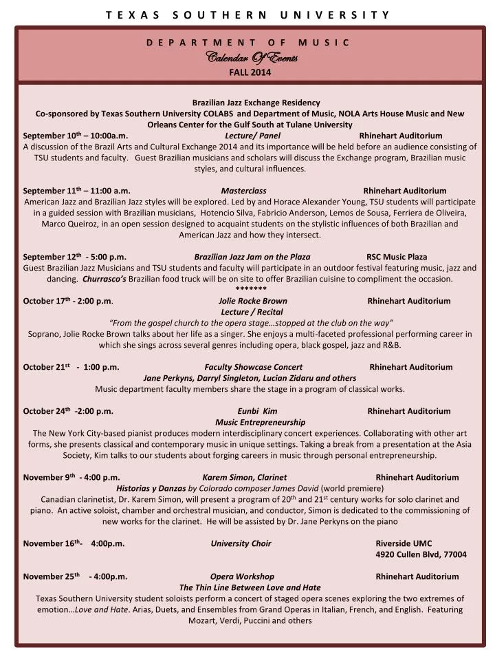 texas southern university department of music calendar of events fall 2014