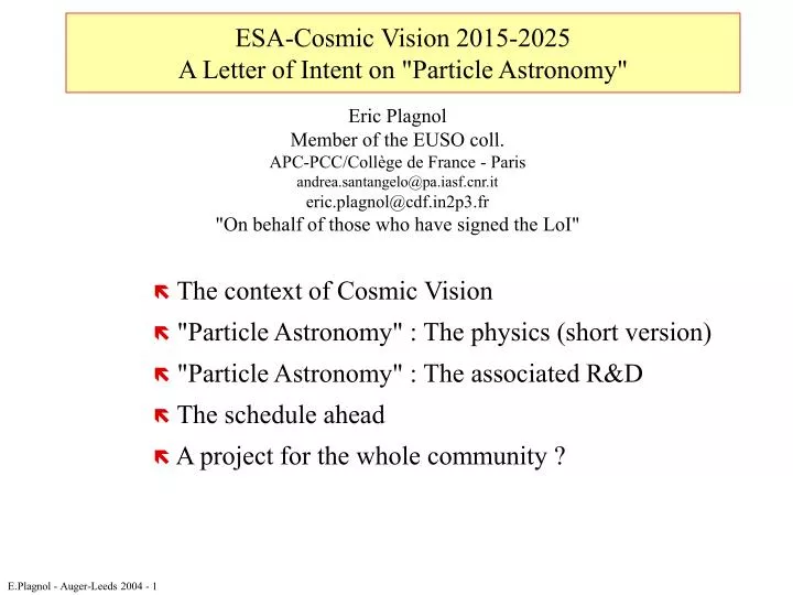 esa cosmic vision 2015 2025 a letter of intent on particle astronomy