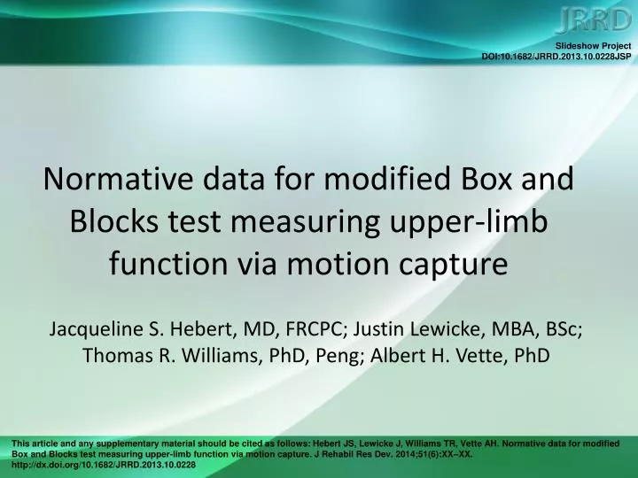 normative data for modified box and blocks test measuring upper limb function via motion capture