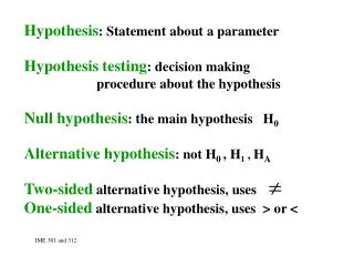 Hypothesis : Statement about a parameter Hypothesis testing : decision making