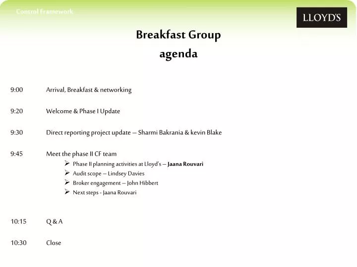 breakfast group agenda