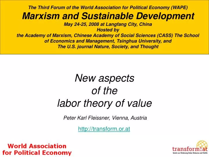 new aspects of the labor theory of value peter karl fleissner vienna austria http transform or at