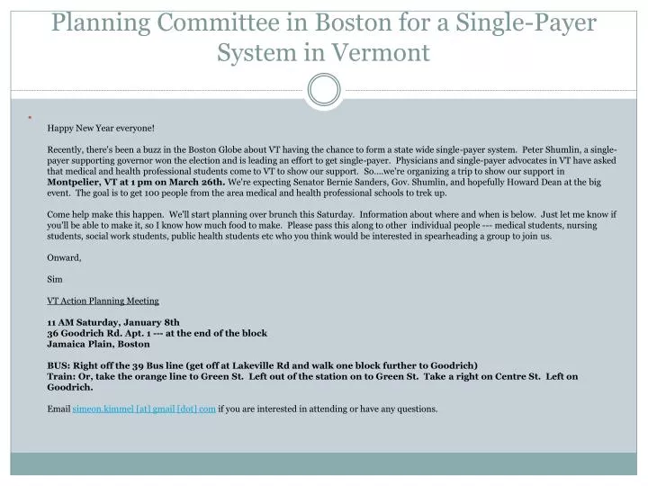 planning committee in boston for a single payer system in vermont