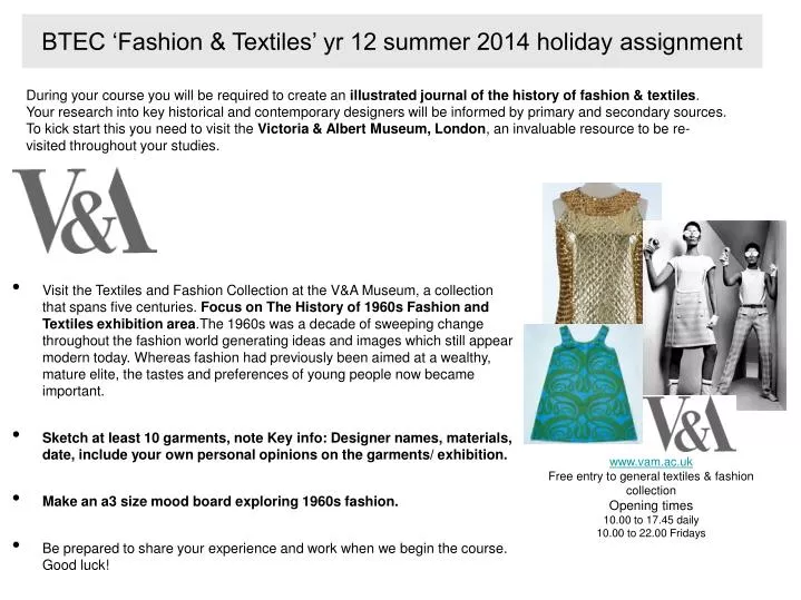 btec fashion textiles yr 12 summer 2014 holiday assignment