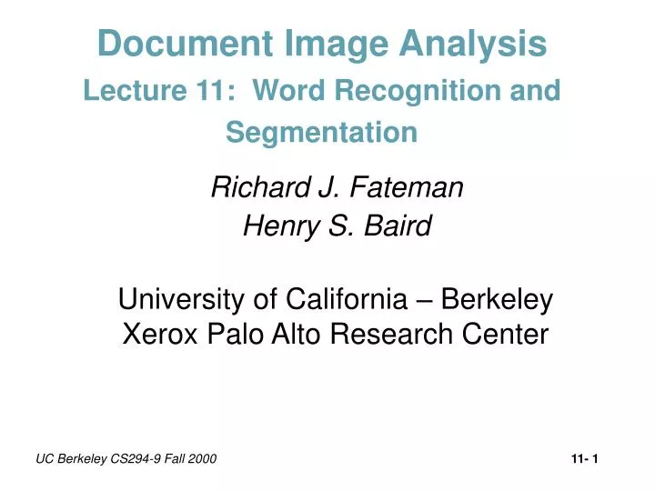 document image analysis lecture 11 word recognition and segmentation