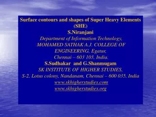 Surface contours and shapes of Super Heavy Elements (SHE) S.Niranjani