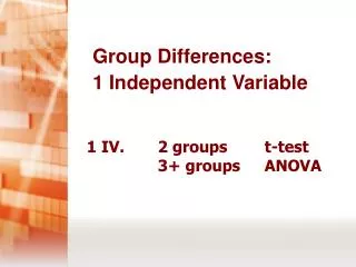 1 IV. 	2 groups		t-test 		3+ groups	ANOVA