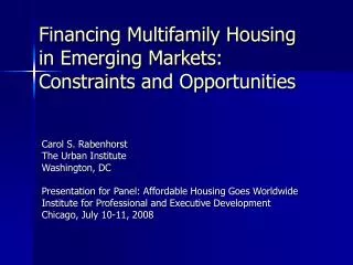 Financing Multifamily Housing in Emerging Markets: Constraints and Opportunities