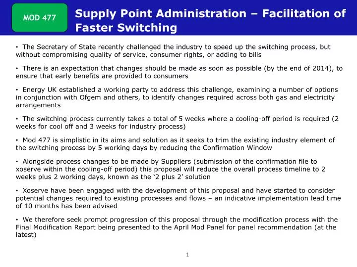 supply point administration facilitation of faster switching