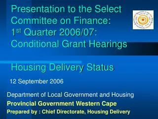 Department of Local Government and Housing Provincial Government Western Cape