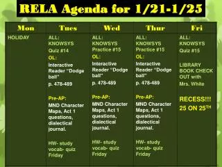 RELA Agenda for 1/21-1/25