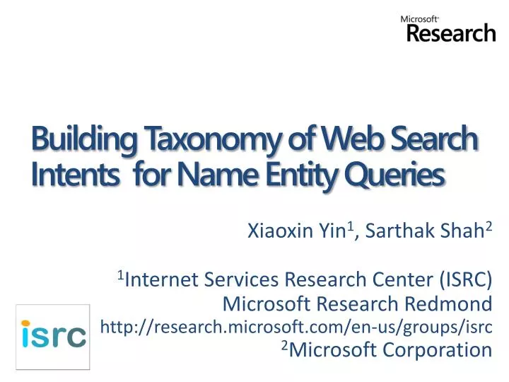 building taxonomy of web search intents for name entity queries