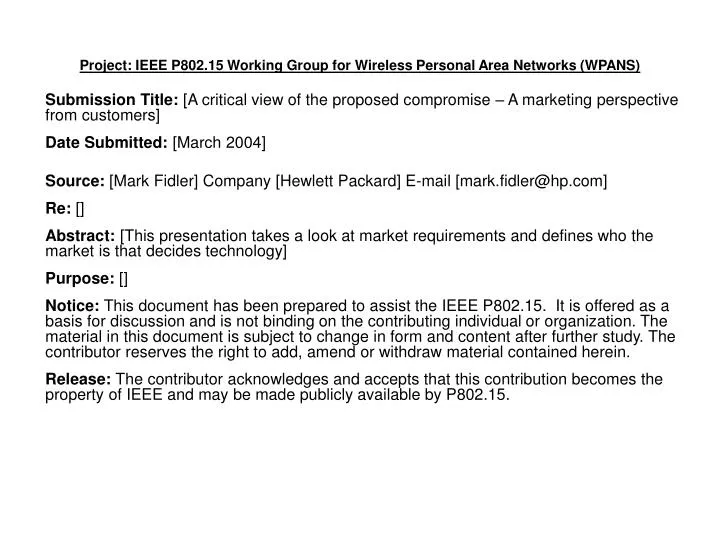 project ieee p802 15 working group for wireless personal area networks wpans