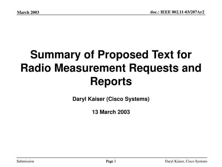 summary of proposed text for radio measurement requests and reports