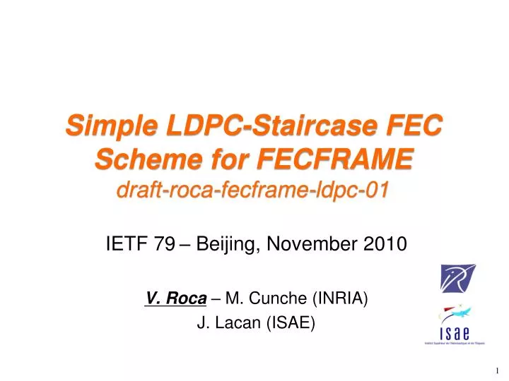 simple ldpc staircase fec scheme for fecframe draft roca fecframe ldpc 01
