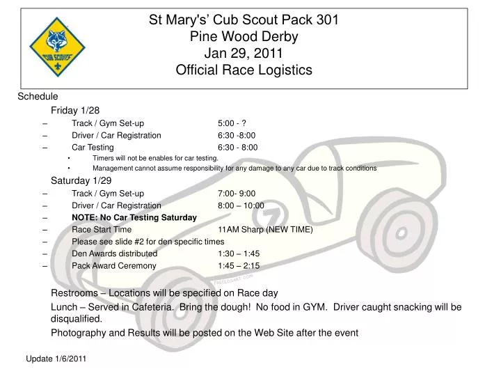 st mary s cub scout pack 301 pine wood derby jan 29 2011 official race logistics