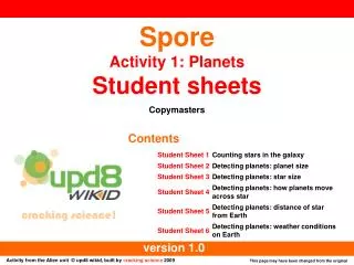 Spore Activity 1: Planets Student sheets Copymasters
