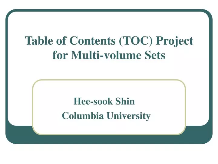table of contents toc project for multi volume sets
