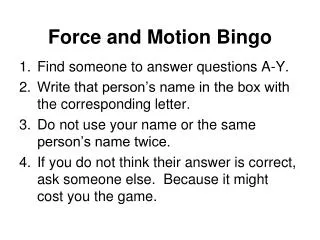 Force and Motion Bingo